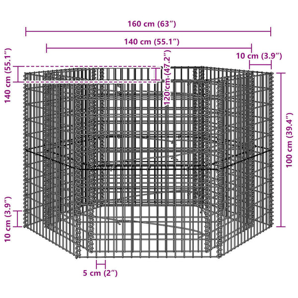 Sechseckiges Gabionen-Hochbeet 160×140×100 cm