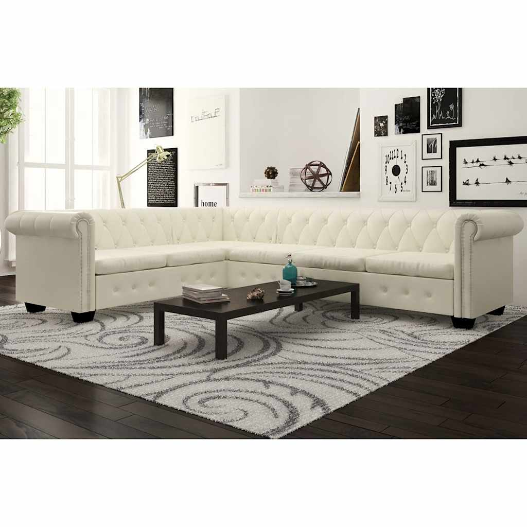 vidaXL Canapé d'angle Chesterfield 6 places en similicuir blanc