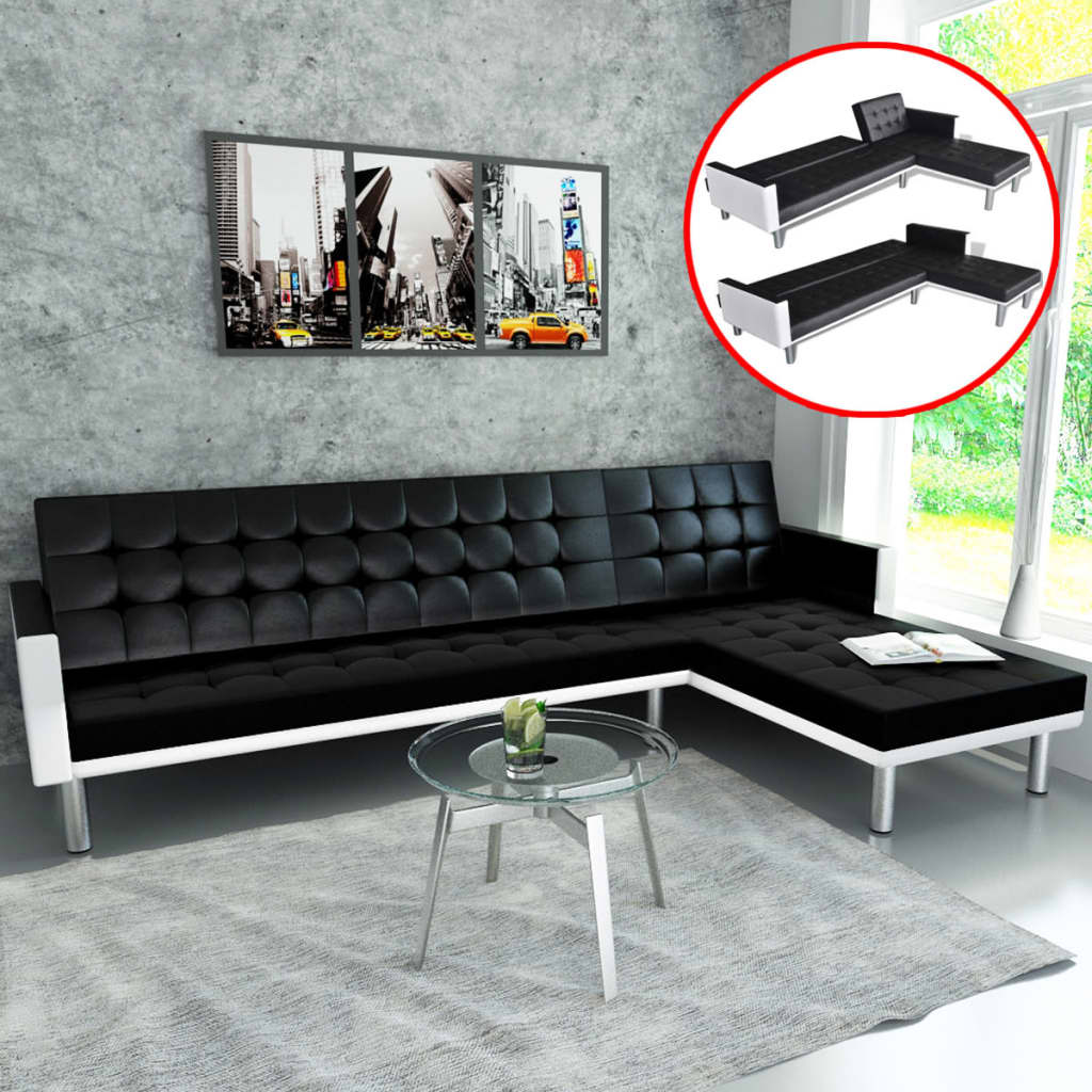 Schlafsofa L-Form Kunstleder Schwarz