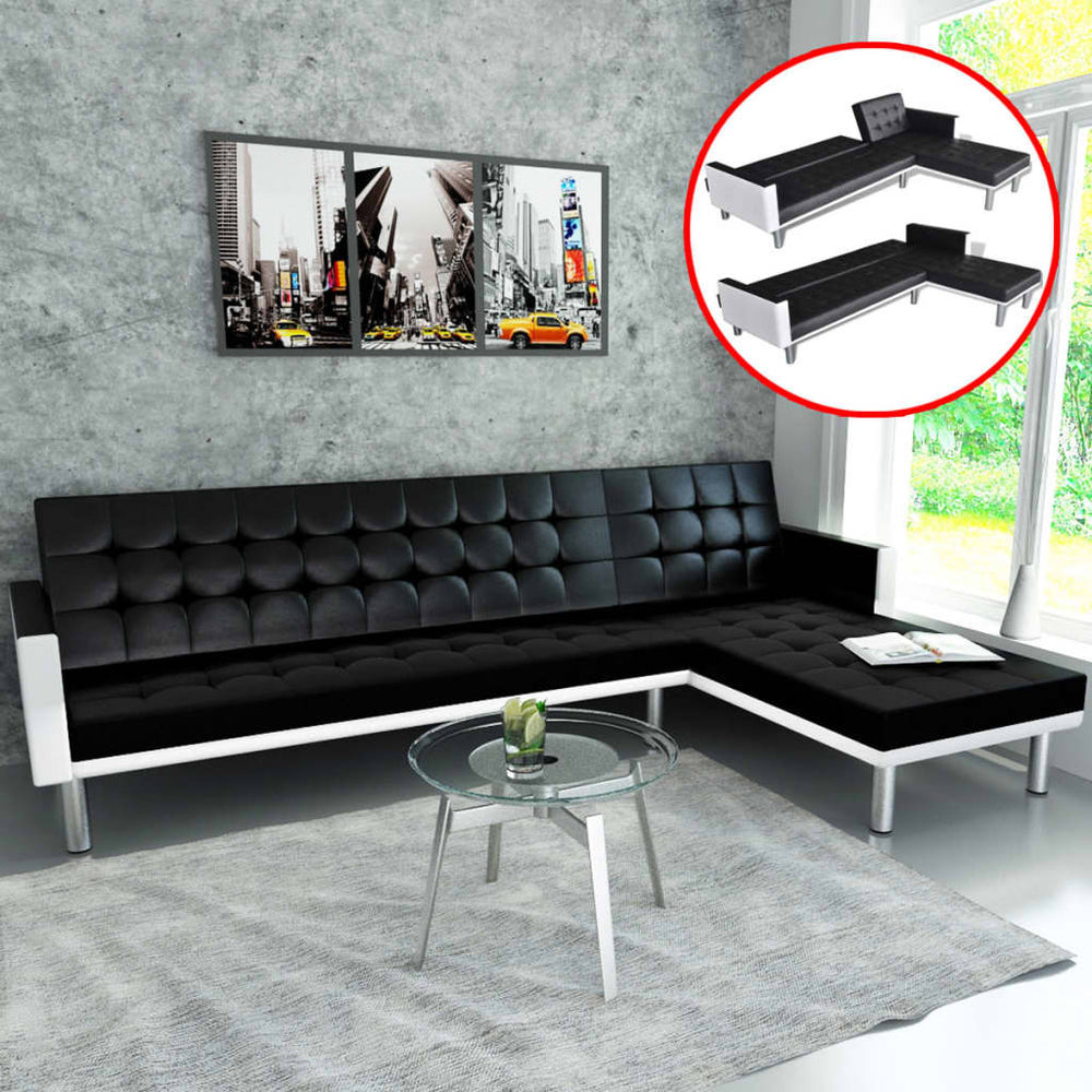 Schlafsofa L-Form Kunstleder Schwarz