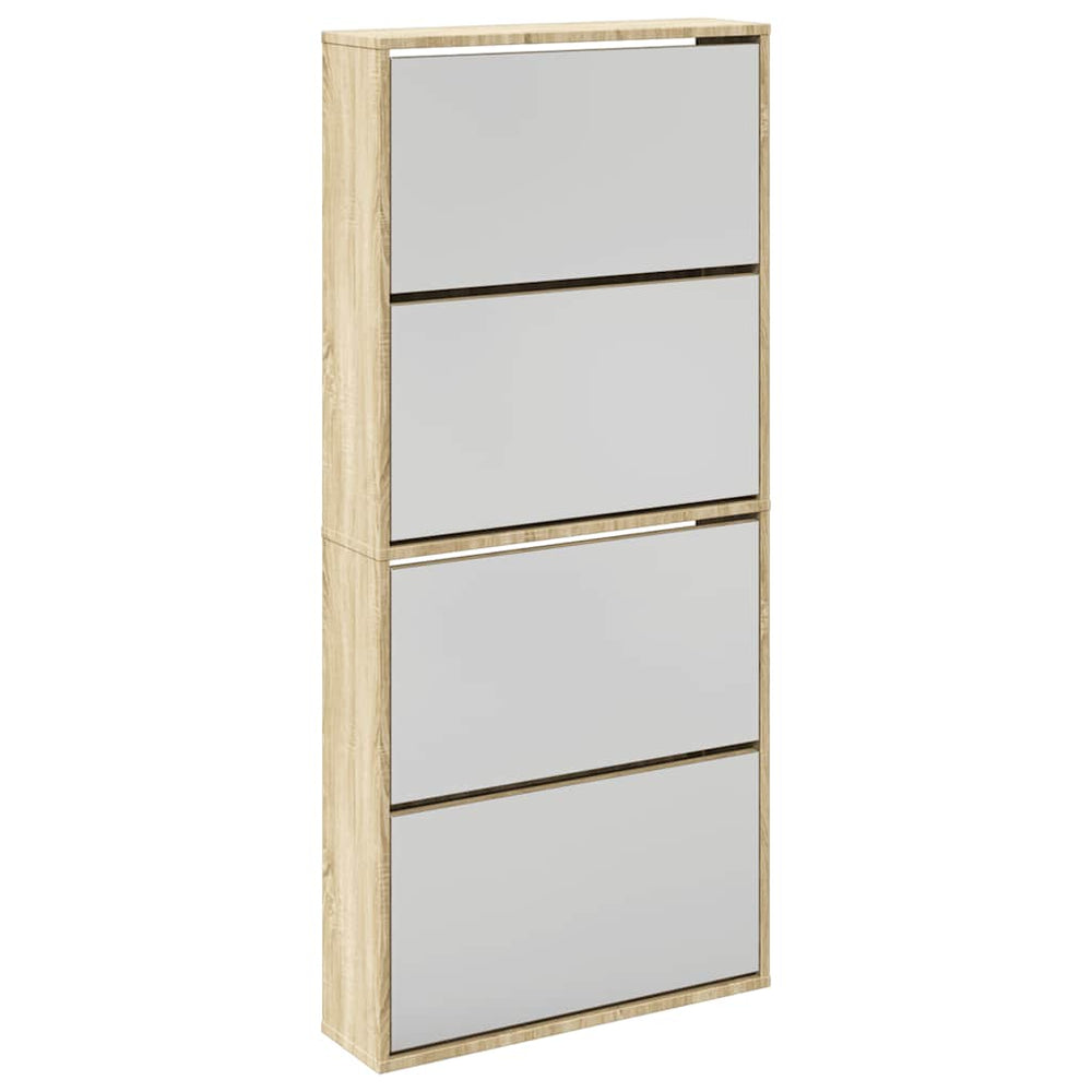 Schuhschrank mit 4 Fächern Spiegel Eiche 63×17×134 cm