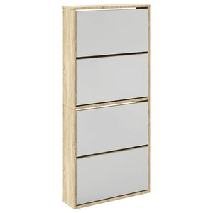Schuhschrank mit 4 Fächern Spiegel Eiche 63×17×134 cm