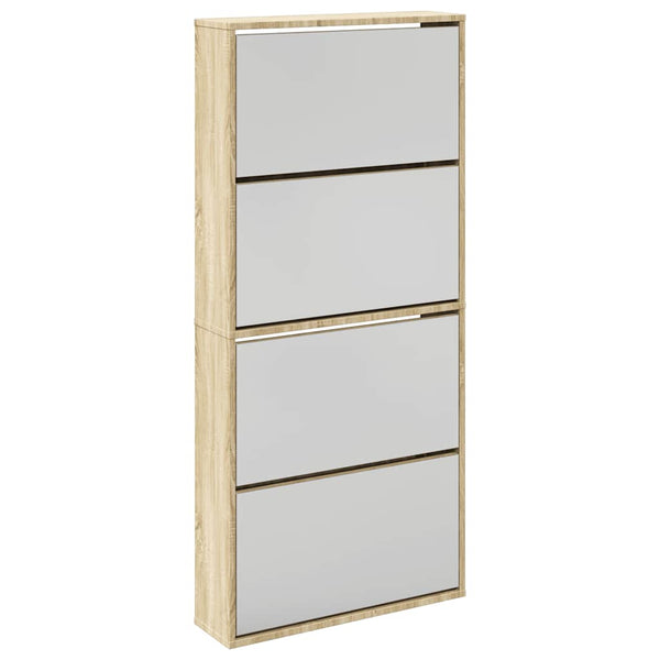 Schuhschrank mit 4 Fächern Spiegel Eiche 63×17×134 cm