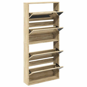Schuhschrank mit 4 Fächern Spiegel Eiche 63×17×134 cm