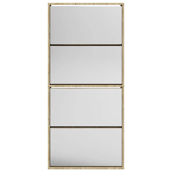 Schuhschrank mit 4 Fächern Spiegel Eiche 63×17×134 cm
