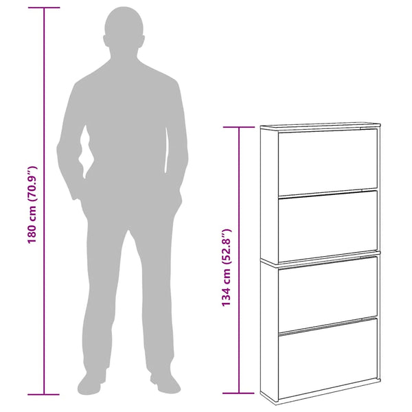 Schuhschrank mit 4 Fächern Spiegel Eiche 63×17×134 cm