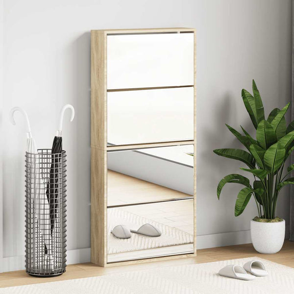 Schuhschrank mit 4 Fächern Spiegel Eiche 63×17×134 cm