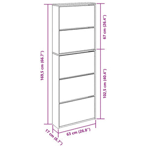 Schuhschrank mit 5 Fächern Spiegel Eiche 63x17x169,5 cm