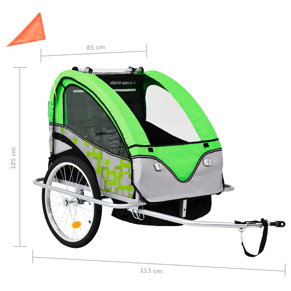 2-in-1 Fahrradanhänger & Kinderwagen Grün/Grau