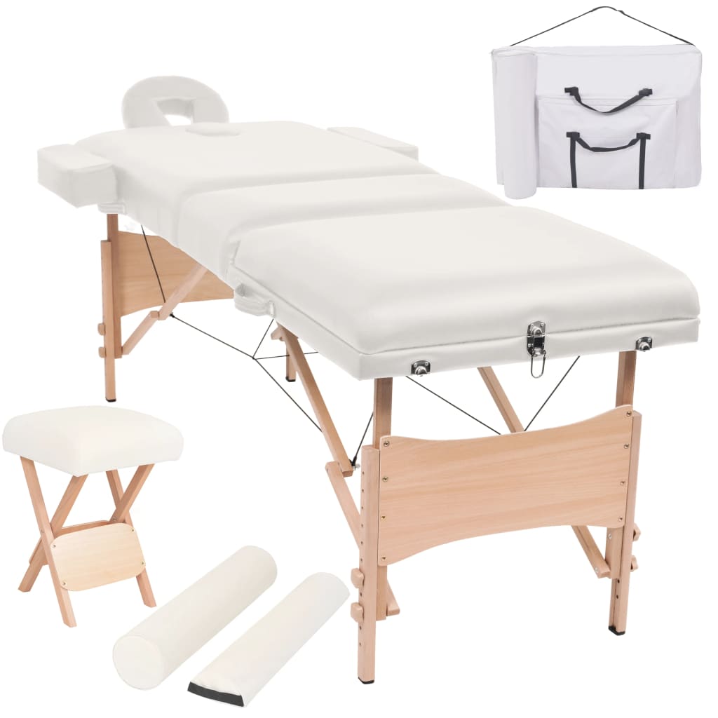 vidaXL Table de massage 3 zones avec tabouret Pliable Épaisseur 10 cm Blanc