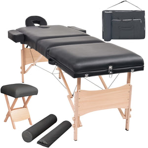 Klappbare 3-Zonen Massageliege mit Hocker, Schwarz