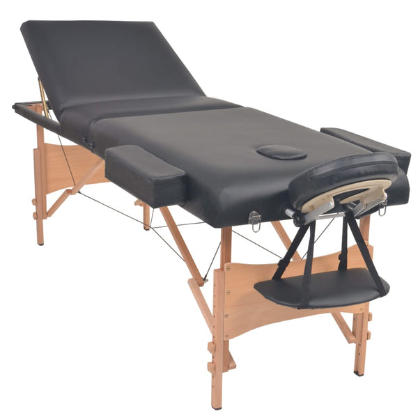 Klappbare 3-Zonen Massageliege mit Hocker, Schwarz