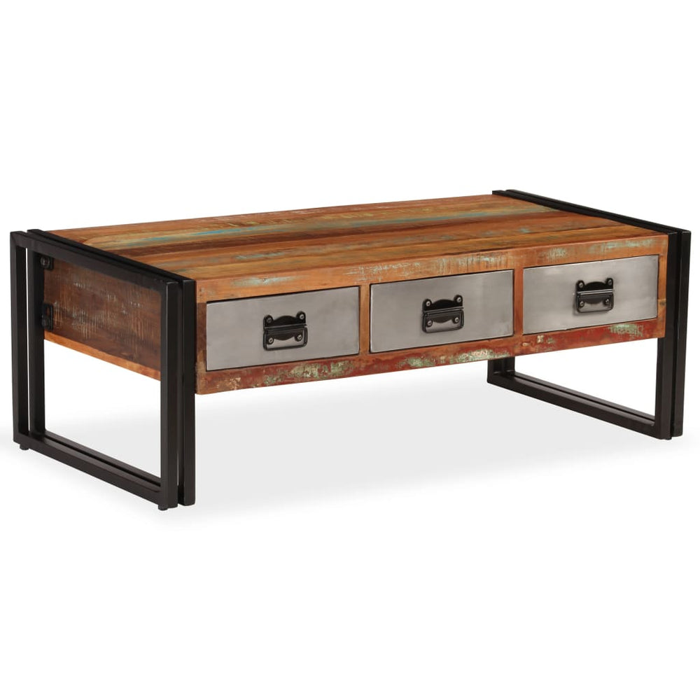 vidaXL Table basse avec 3 tiroirs en bois de récupération massif 100x50x35 cm