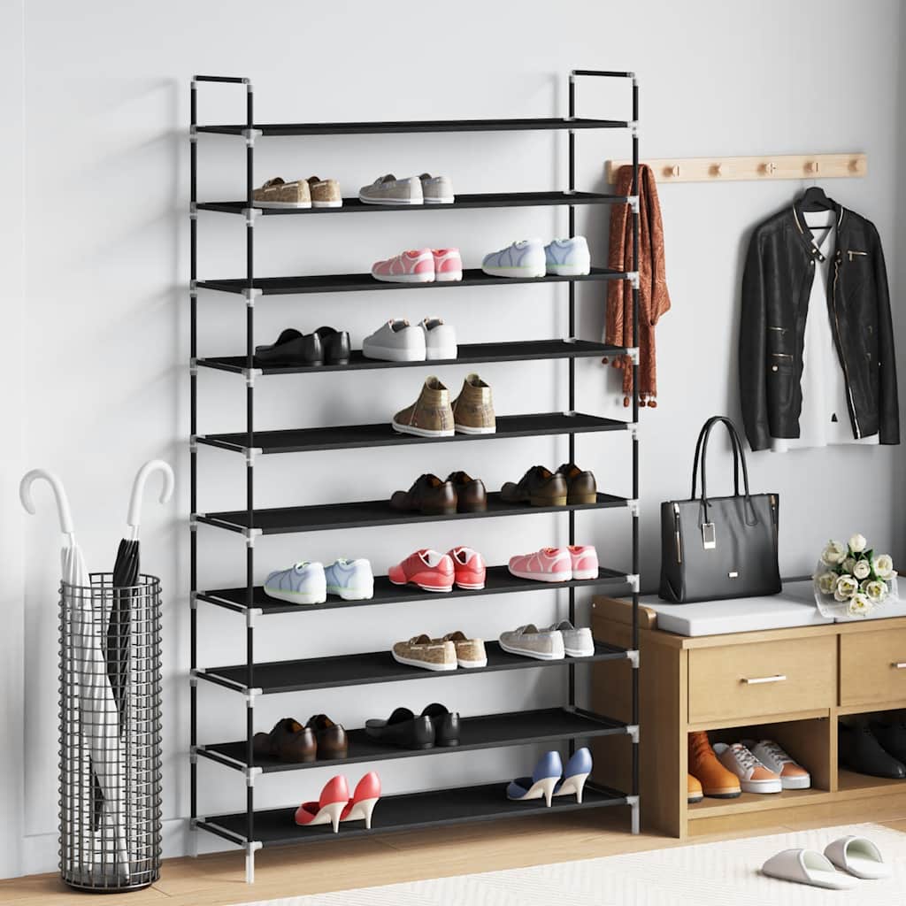 Schuhregal mit 10 Ablagen Metall und Vliesstoff Schwarz