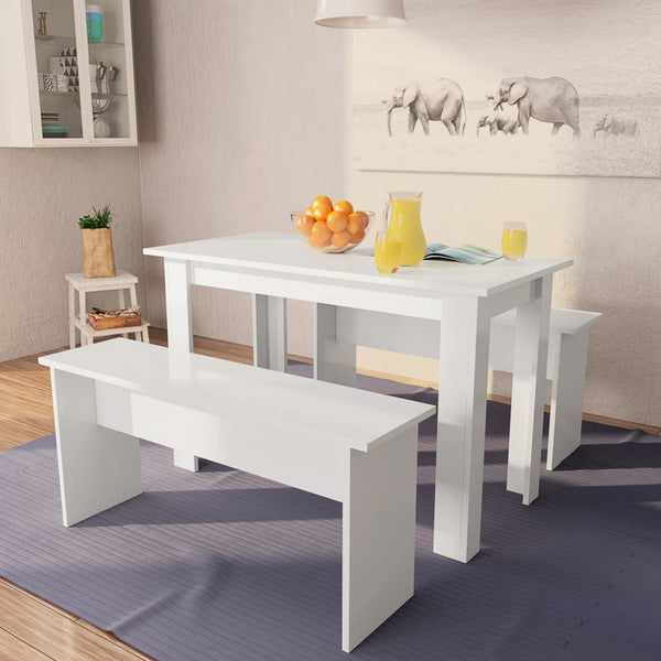 vidaXL Ensemble de salle à manger 3 pcs Table et bancs Bois d'ingénierie Blanc