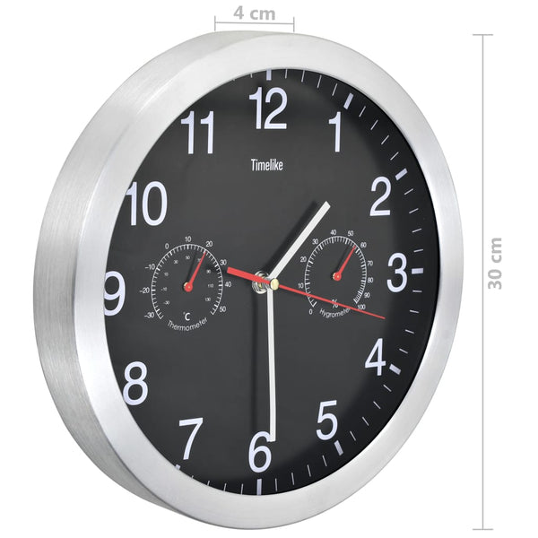 Wanduhr mit Thermometer & Hygrometer, 30cm, Schwarz