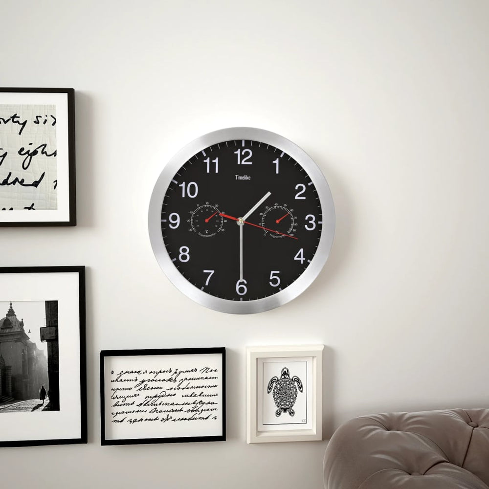 Wanduhr mit Thermometer & Hygrometer, 30cm, Schwarz