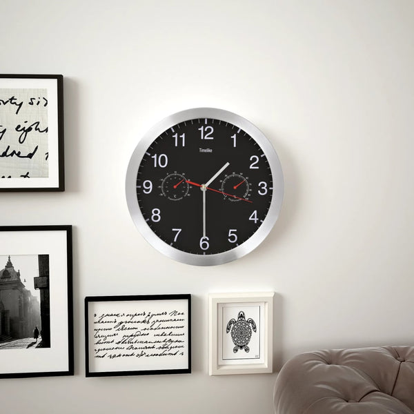 Wanduhr mit Thermometer & Hygrometer, 30cm, Schwarz
