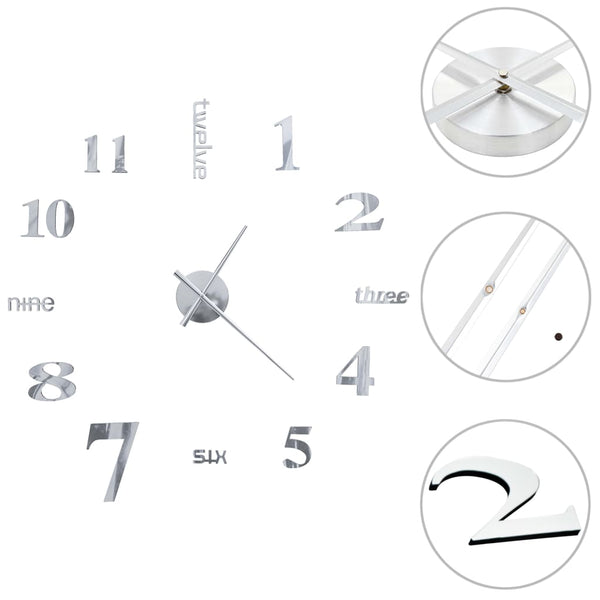 XXL 3D Wanduhr Silber 100cm