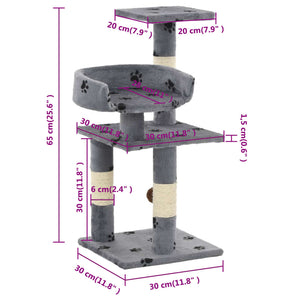 vidaXL Arbre à chat avec poteaux en sisal 65 cm Imprimé patte Gris