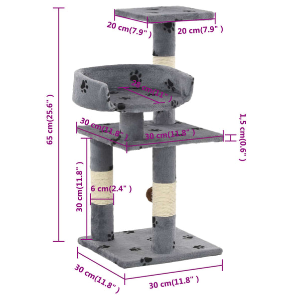 vidaXL Arbre à chat avec poteaux en sisal 65 cm Imprimé patte Gris