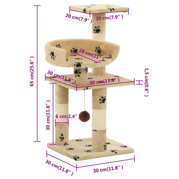 vidaXL Arbre à chat avec poteaux en sisal 65 cm Imprimé patte Beige