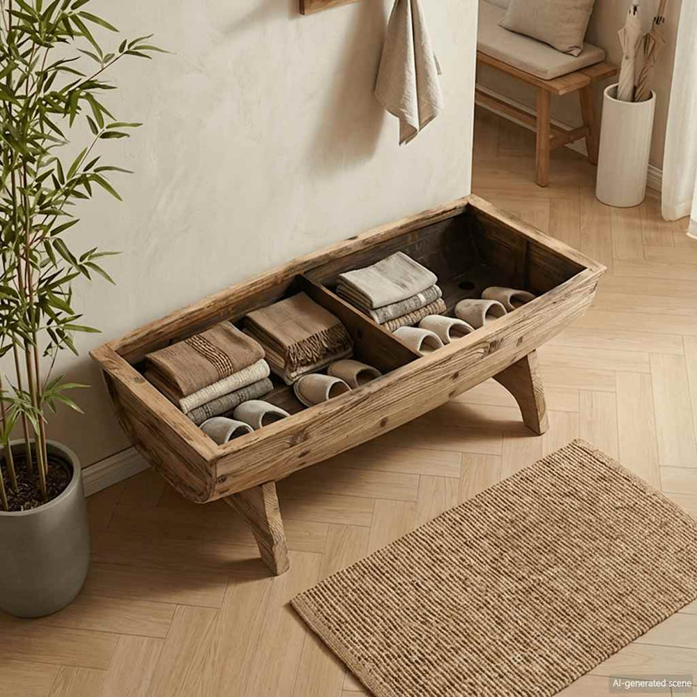 Aufbewahrungsbank Massivholz und Stoff  103 x 51 x 44 cm