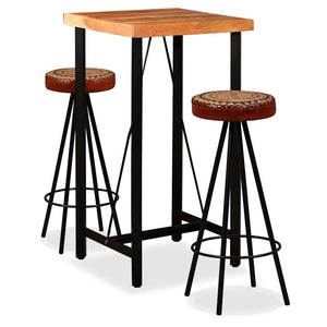 vidaXL Ensemble de bar 3 pcs Bois d'acacia massif, cuir véritable et toile