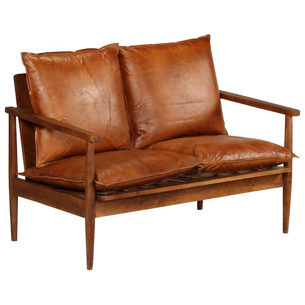 vidaXL Canapé 2 places en cuir véritable et bois d'acacia marron