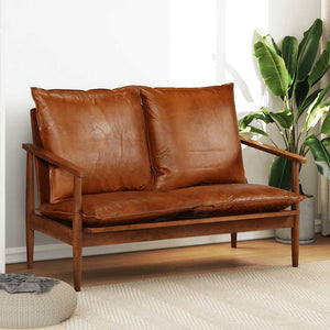 vidaXL Canapé 2 places en cuir véritable et bois d'acacia marron