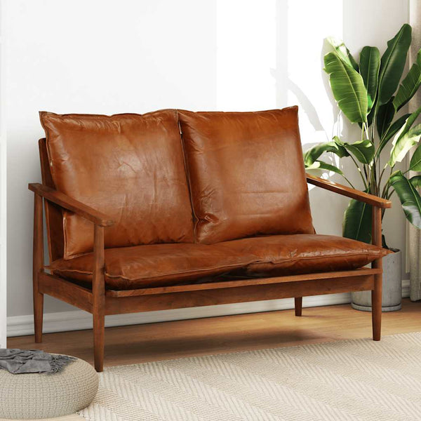 vidaXL Canapé 2 places en cuir véritable et bois d'acacia marron