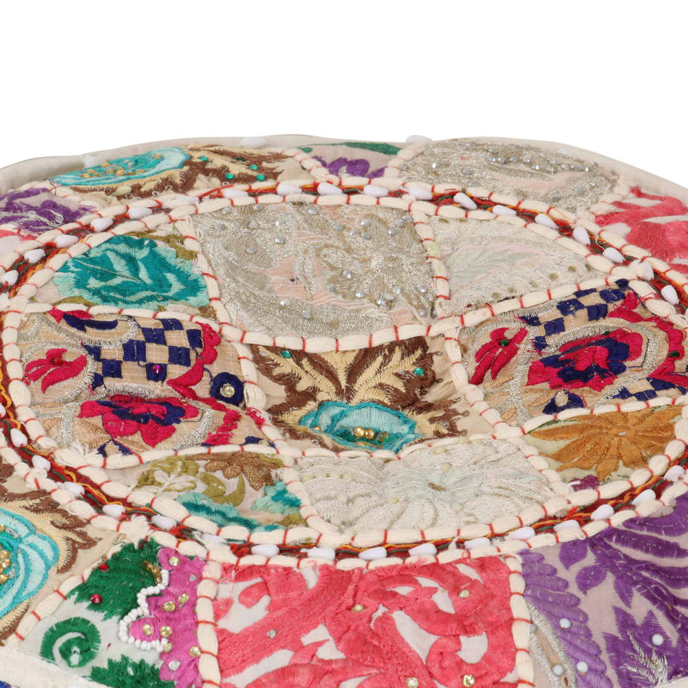 Patchwork Sitzpouf Rund Baumwolle Handgefertigt 40x20 cm Beige