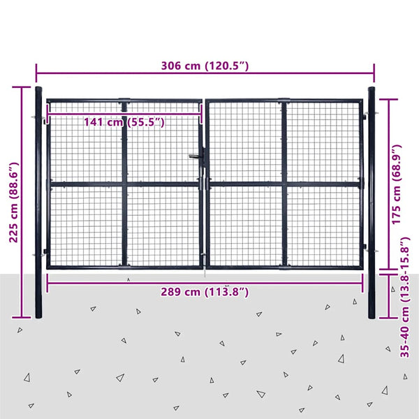 Maschen-Gartentor verzinkter Stahl 300 x 175 cm Grau