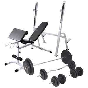 Hantelbank mit Ablage, Langhantel und Kurzhantel-Set 90 kg