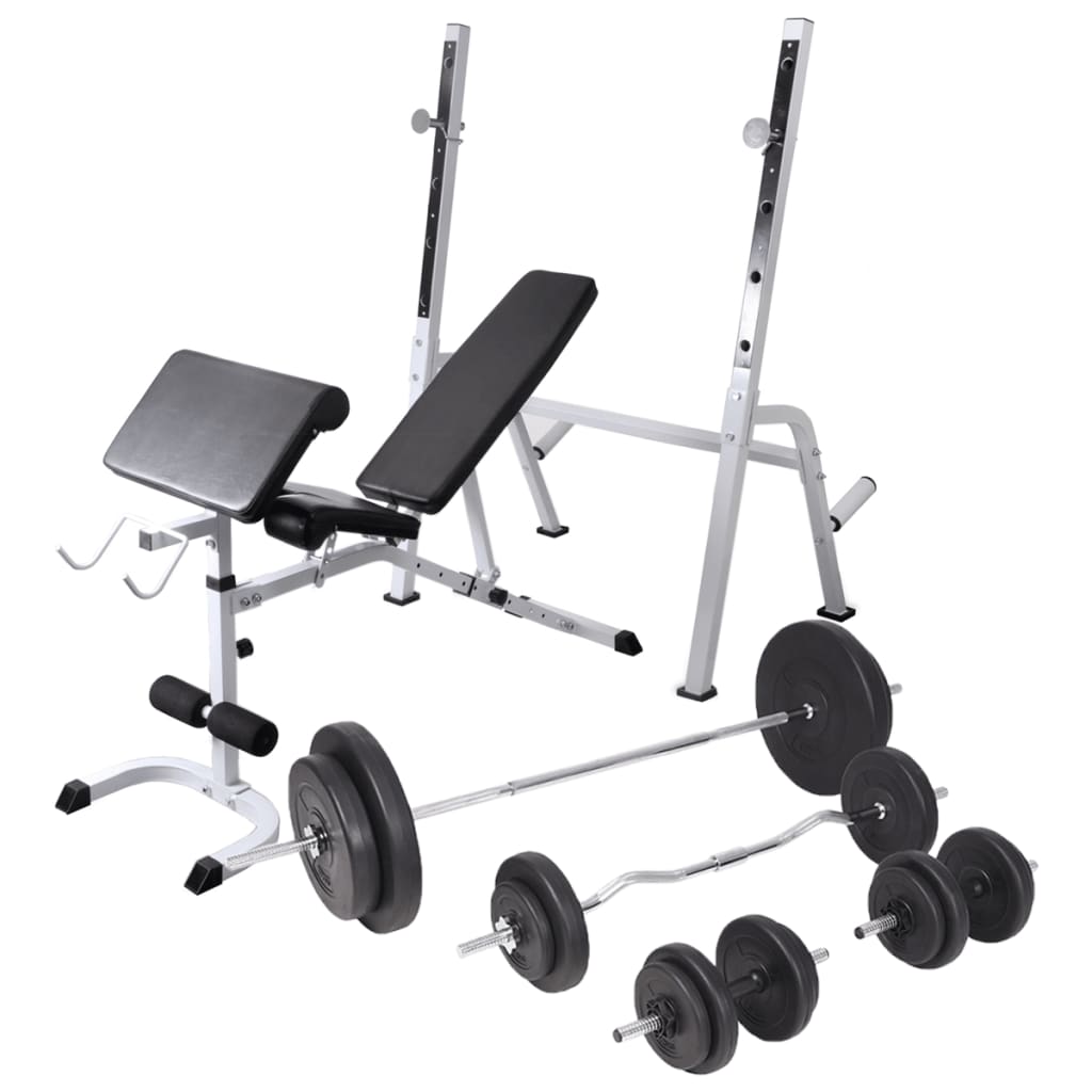 Hantelbank mit Ablage, Langhantel und Kurzhantel-Set 90 kg