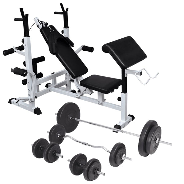 Hantelbank mit Ablage, Langhantel und Kurzhantel-Set 90 kg