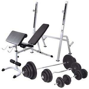 Hantelbank mit Ablage, Langhantel und Kurzhantel-Set 120 kg
