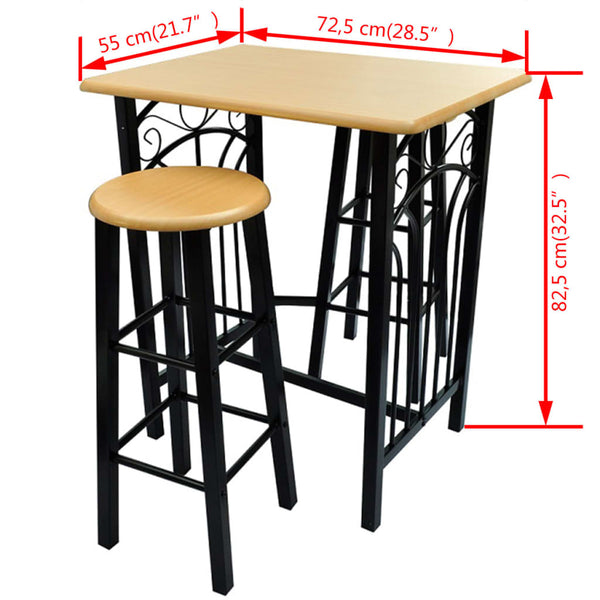 Bartisch- und Hocker-Set 3-tlg. Holz und Stahl