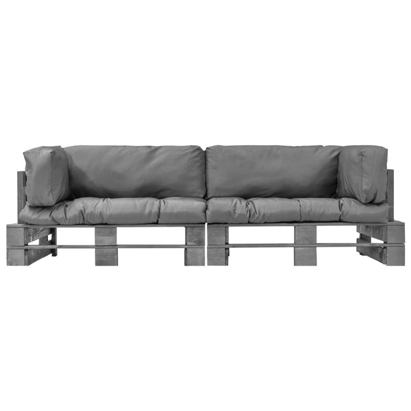 vidaXL Ensemble de canapés de palette d'extérieur 2 pcs avec coussins gris Bois de pin