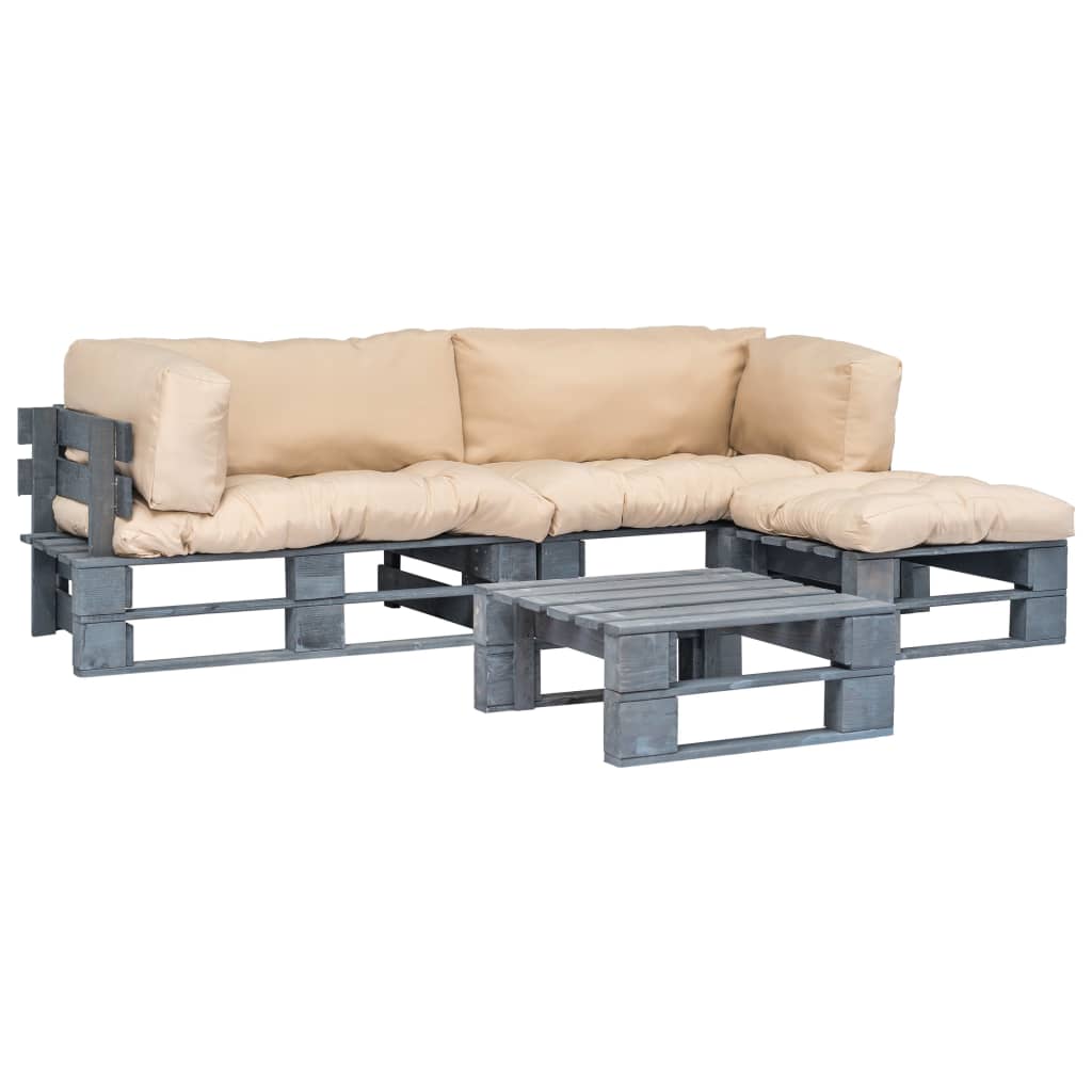 4-tlg. Outdoor-Lounge-Set Paletten Kissen in Sandfarben Holz