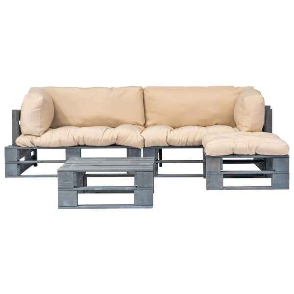 4-tlg. Outdoor-Lounge-Set Paletten Kissen in Sandfarben Holz
