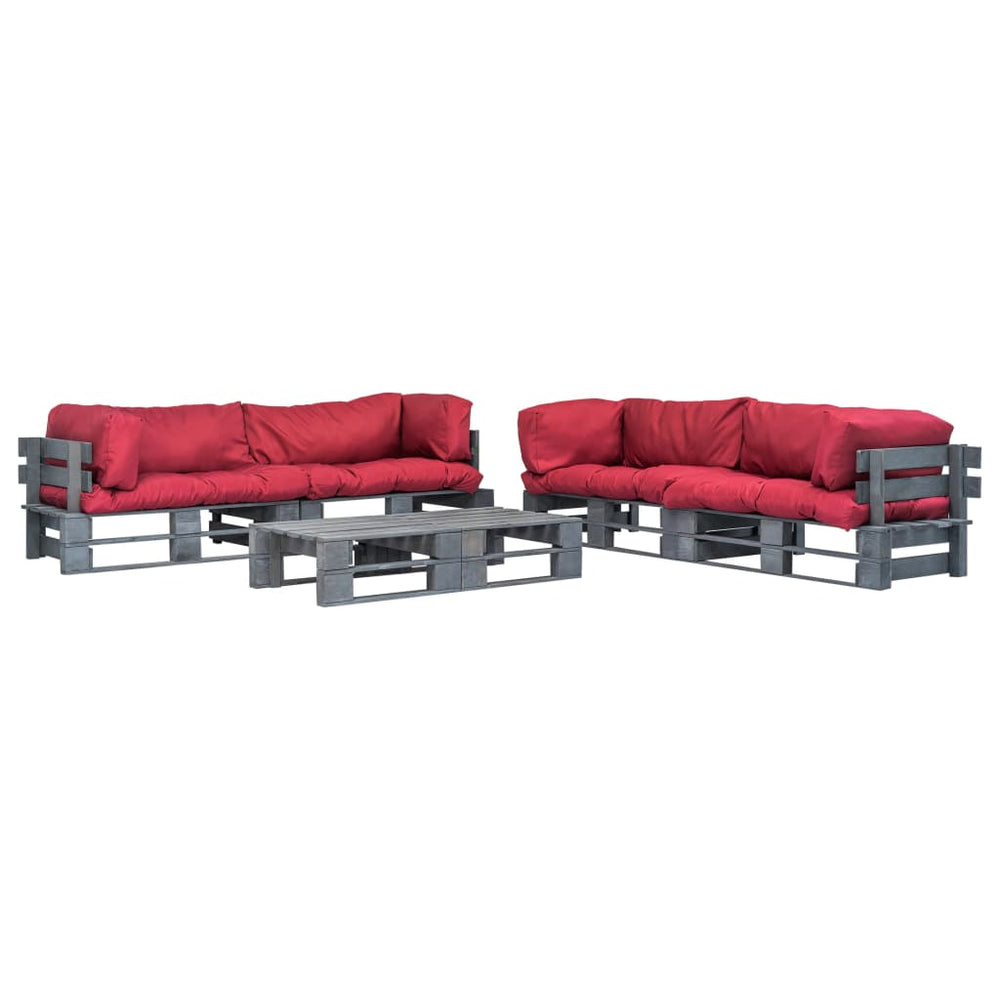 vidaXL Salon de jardin 6 pcs à palettes avec coussins rouges en bois