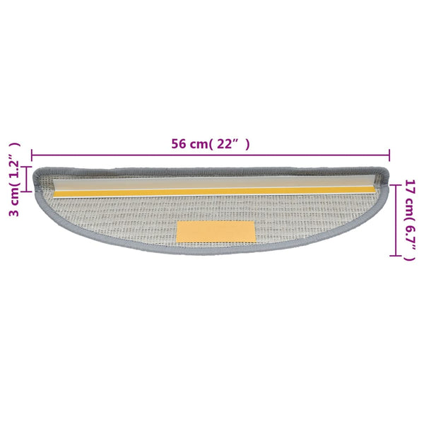 vidaXL Tapis d'escalier 15 pcs 56x17x3 cm Gris Semi-circulaire