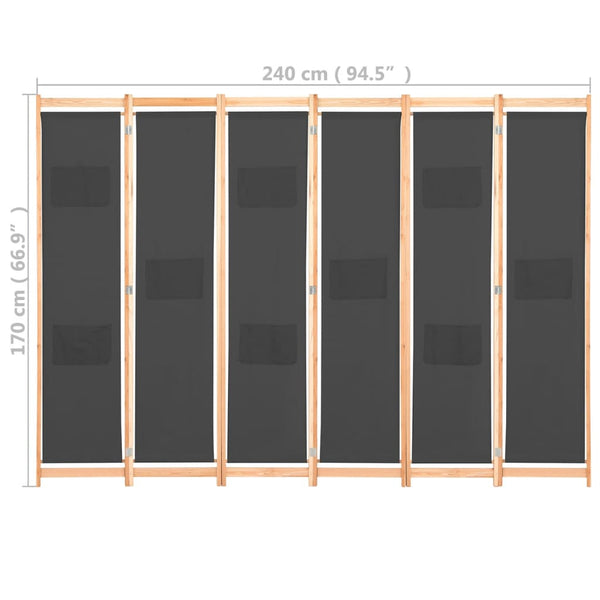 vidaXL Séparateur de pièce à 6 panneaux Gris 240 x 170 x 4 cm Tissu