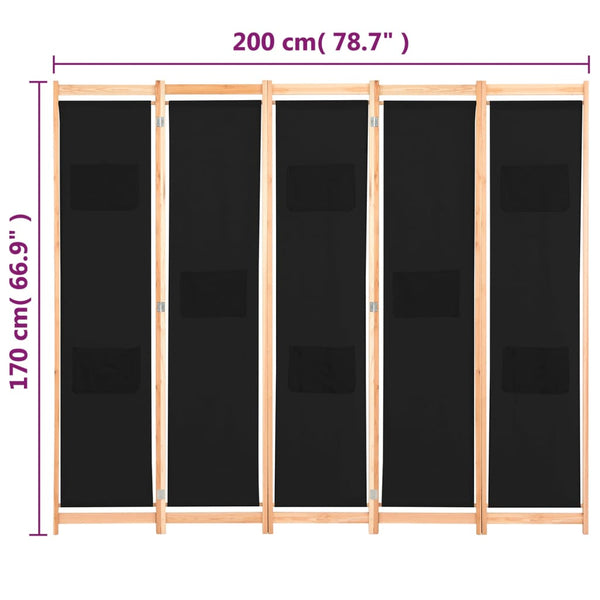 5-teiliger Raumteiler Schwarz 200 x 170 x 4 cm Stoff