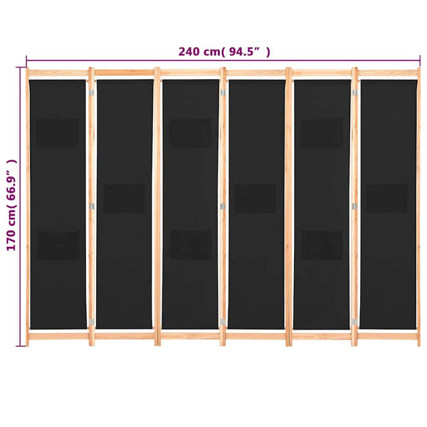 vidaXL Paravent à 6 panneaux noir 240 x 170 x 4 cm en tissu