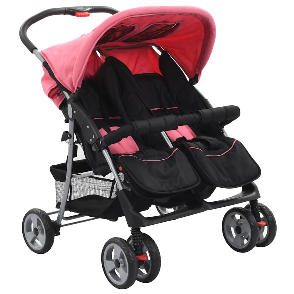 vidaXL Poussette double rose et noire en acier