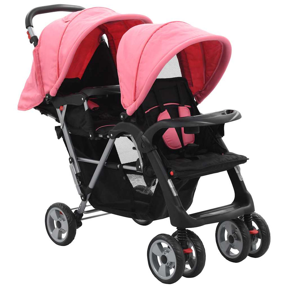 vidaXL Poussette double en acier rose et noir