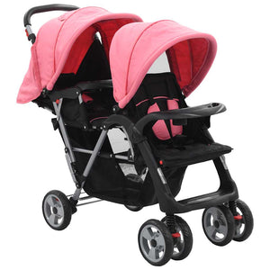 vidaXL Poussette double en acier rose et noir