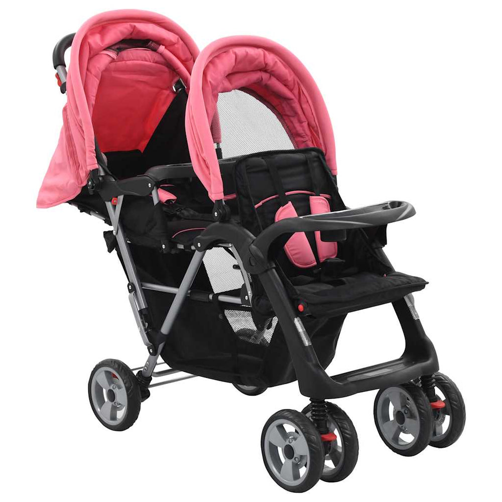 vidaXL Poussette double en acier rose et noir